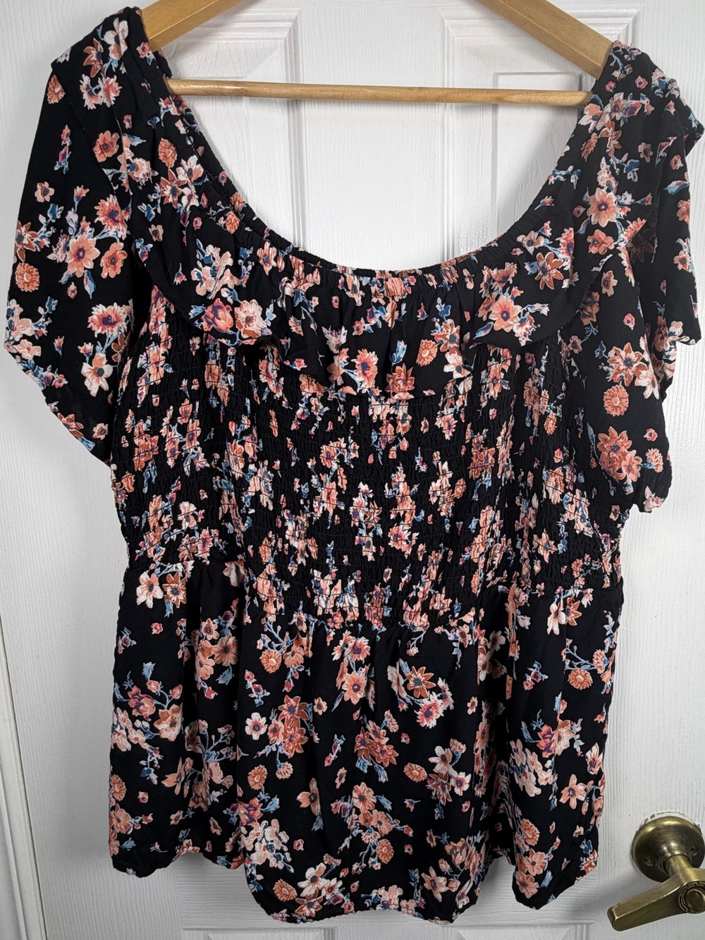 Maurices Black Floral Off Shoulder Smocked Blouse Women's XXL Boho Cottagecore